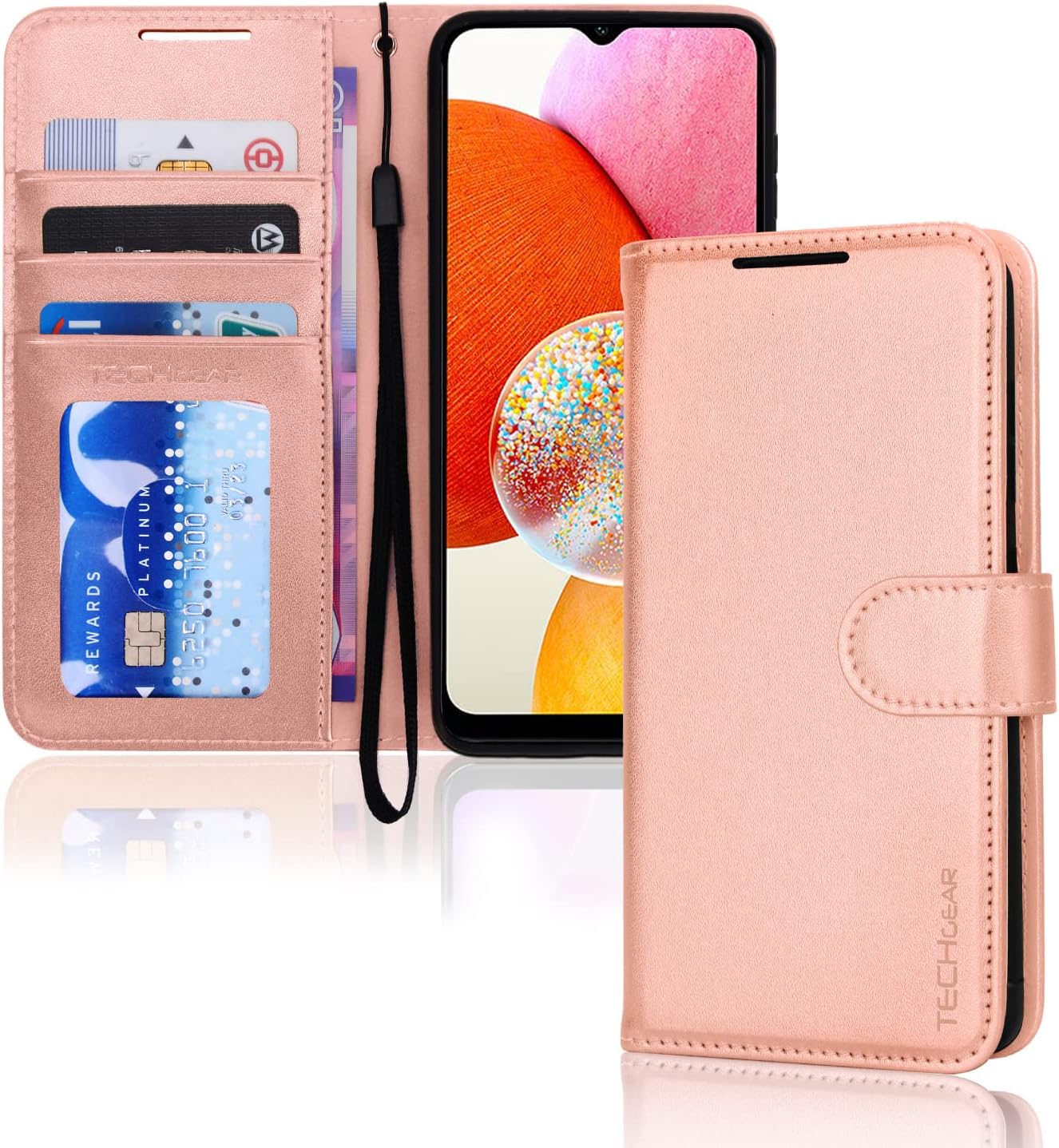 [Wallet Case] Protective Cover with Cash & Card Holder, Stand and Wrist Strap For Samsung A14 5G